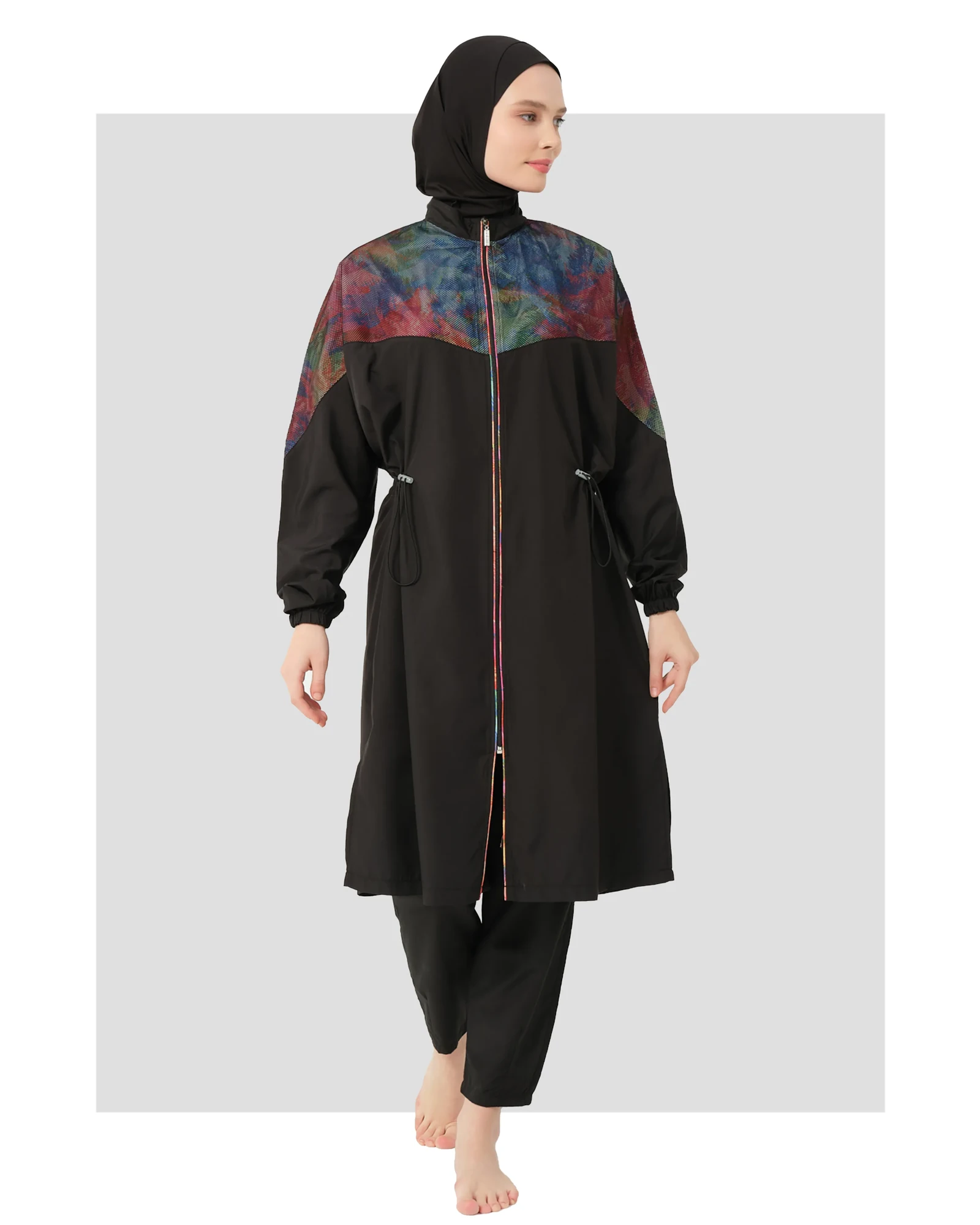 Black burkini set with colorful iridescent shoulder panels, front view.