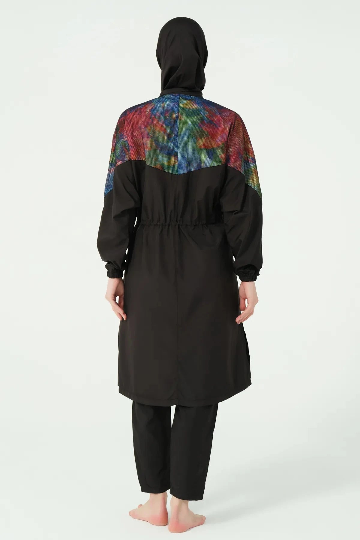 Black burkini set with colorful iridescent back shoulder panels.