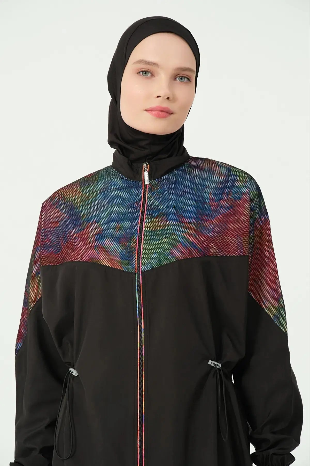 Close-up of black burkini set showing iridescent shoulder panel and zipper.