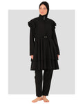 Black ruffle burkini set front view on model with hijab.