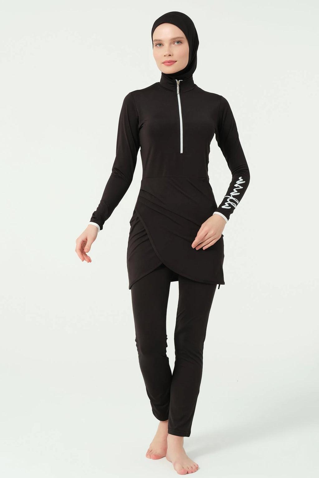 Black burkini set without sarong, front view showing half-zip top