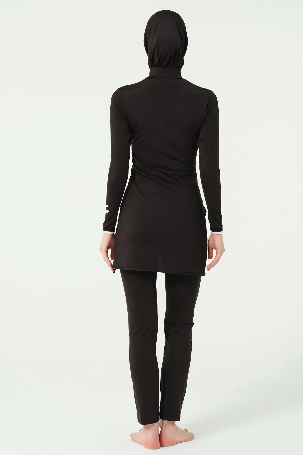 Black burkini set without sarong, back view on white background