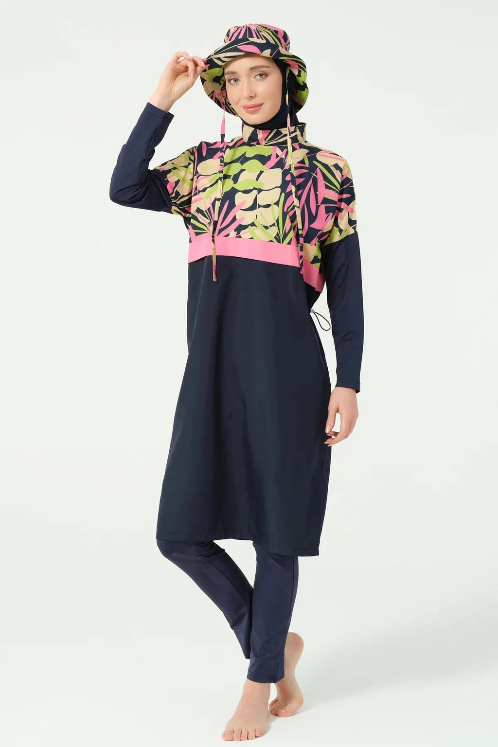 Front view of tropical print burkini tunic and pants without kimono.