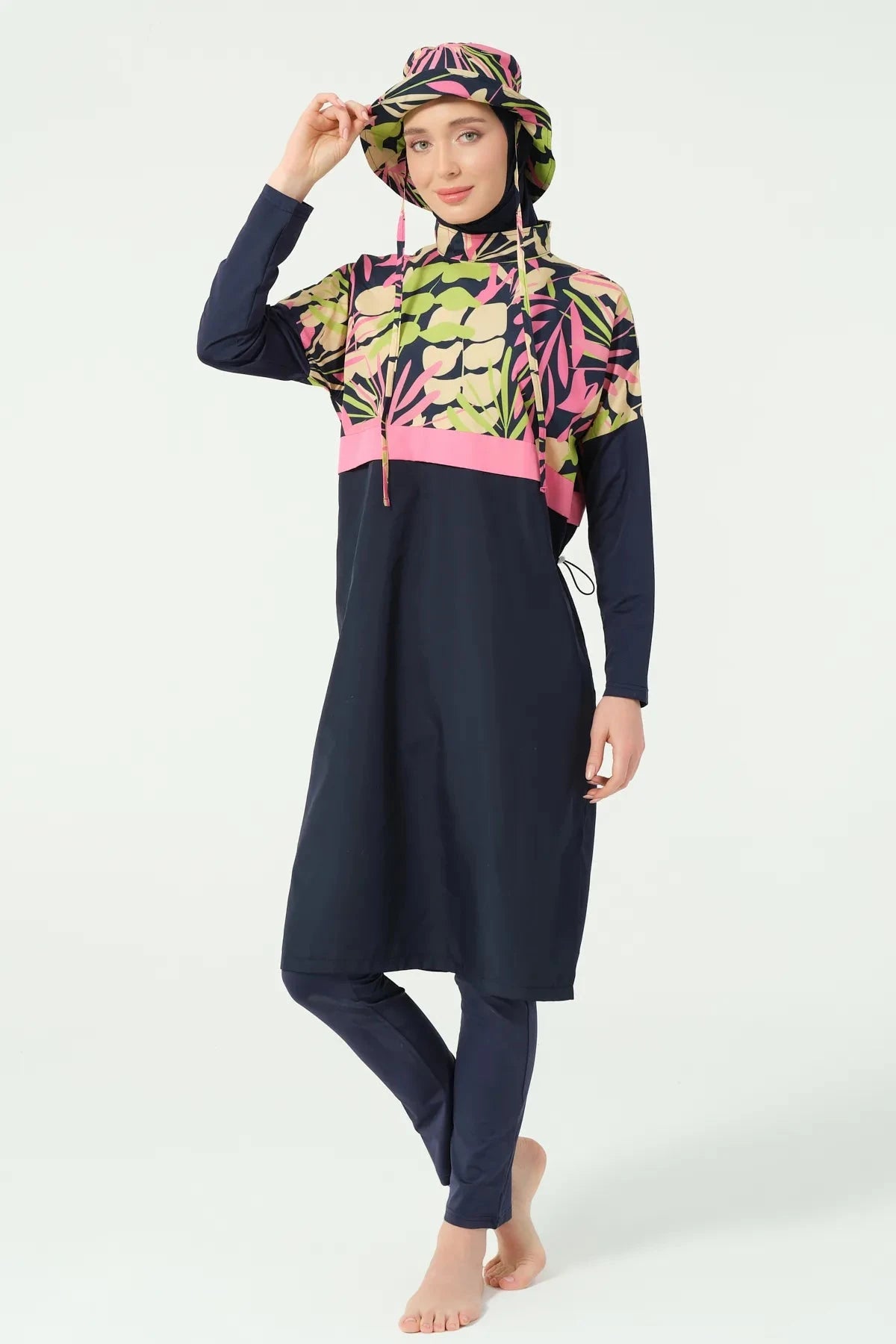 Front view of tropical print burkini tunic and pants without kimono.