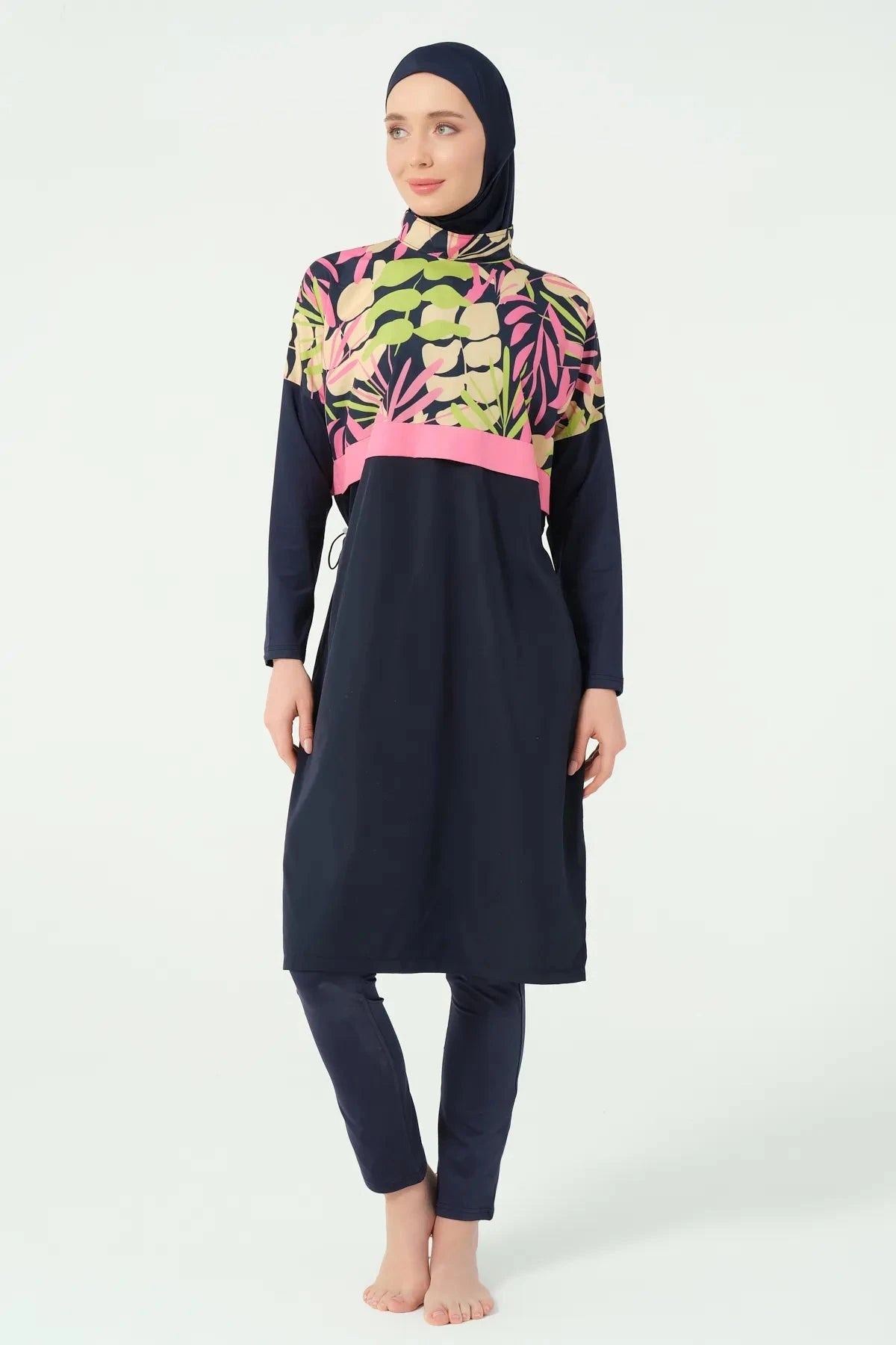 Full front view of tropical print burkini tunic and pants.