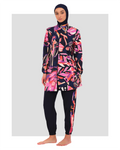 Navy abstract print burkini set front view on white background.