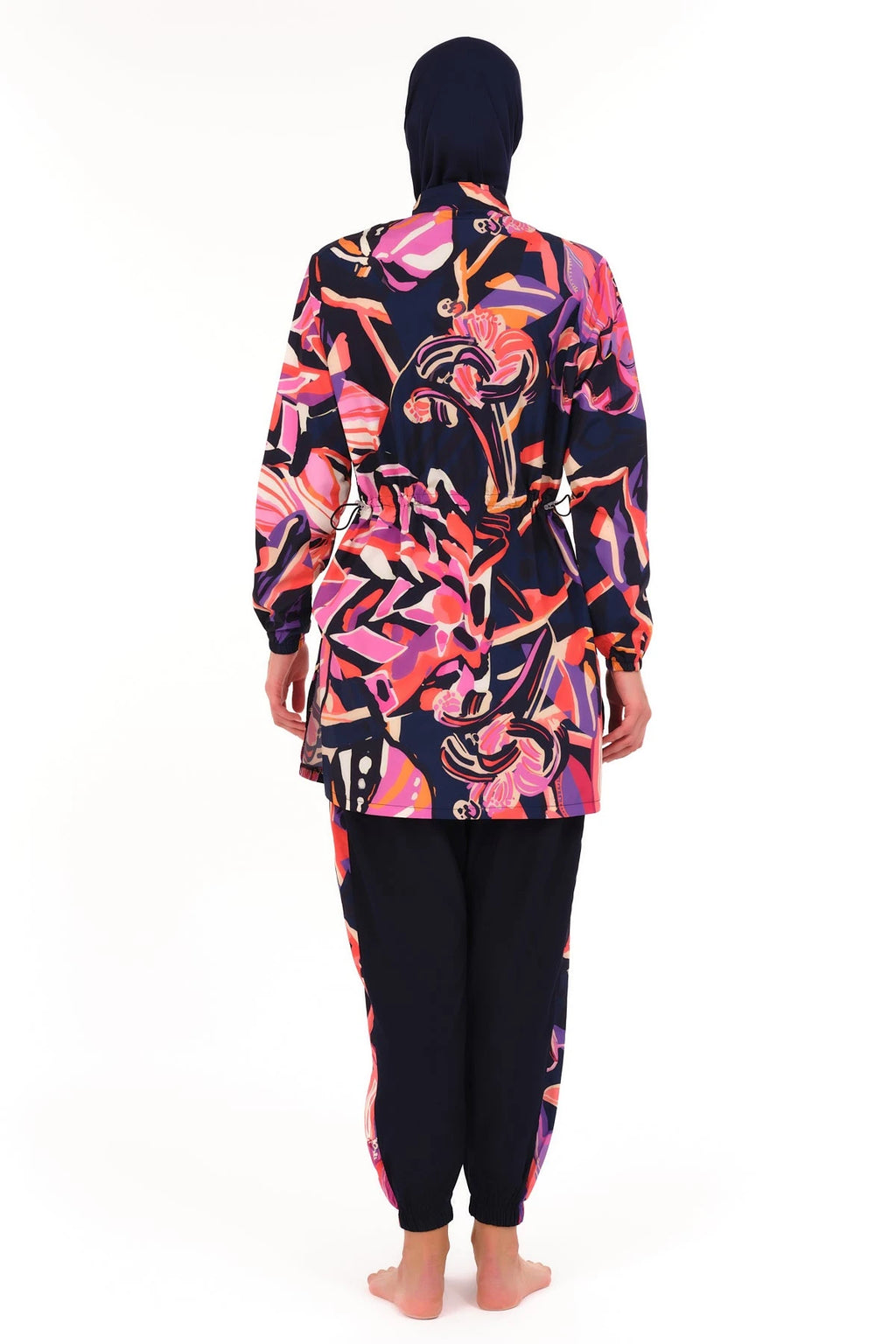 Back view of navy abstract print burkini set on white background.