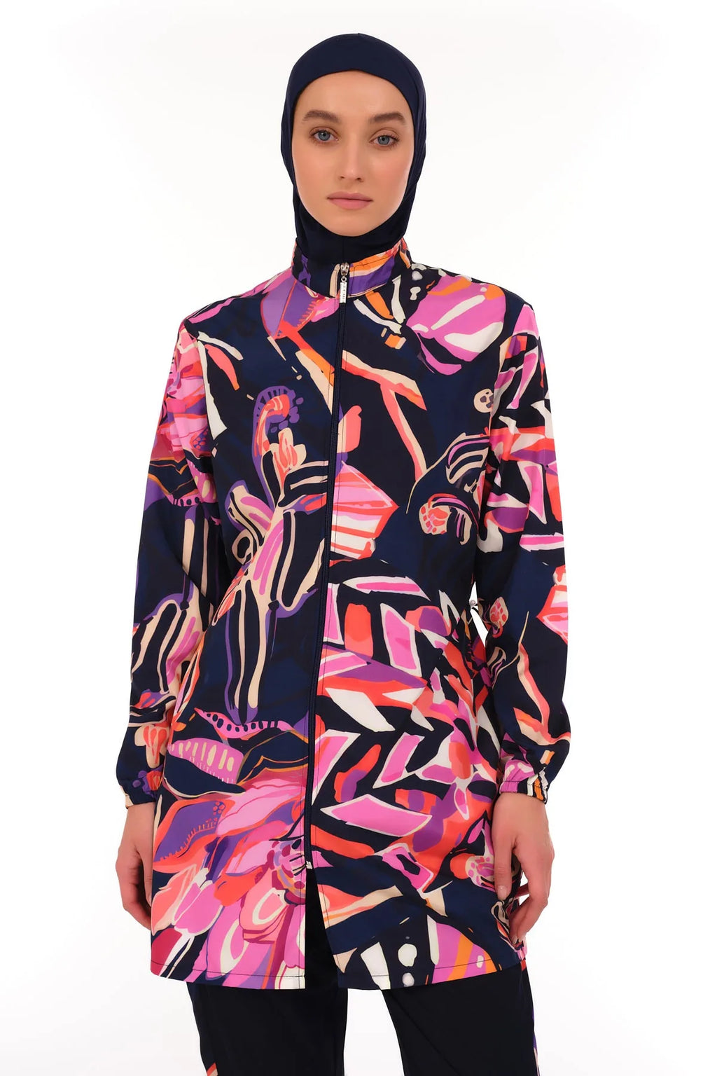 Close-up of navy abstract print burkini top and matching hijab.