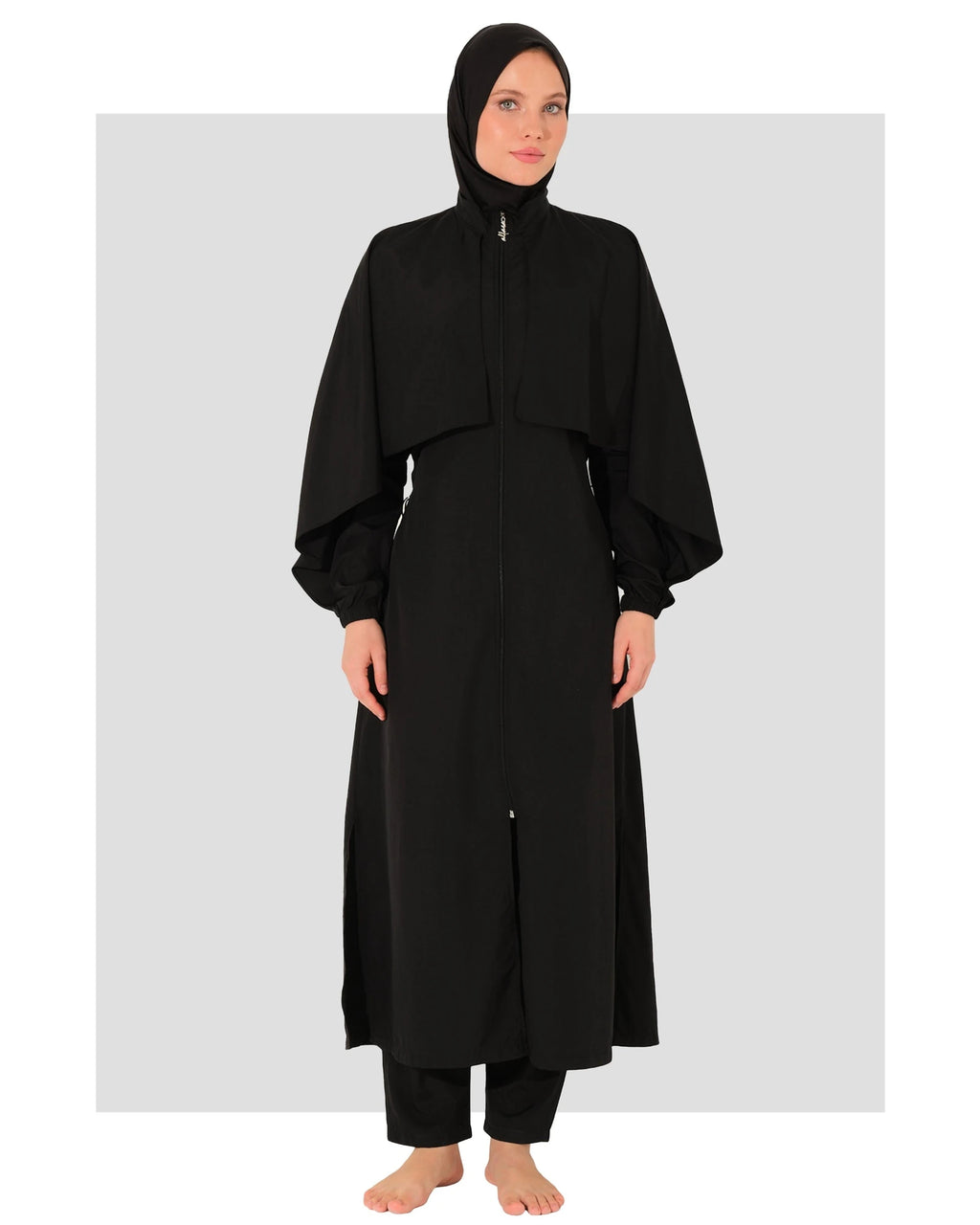 Black burkini set front view on a white background.