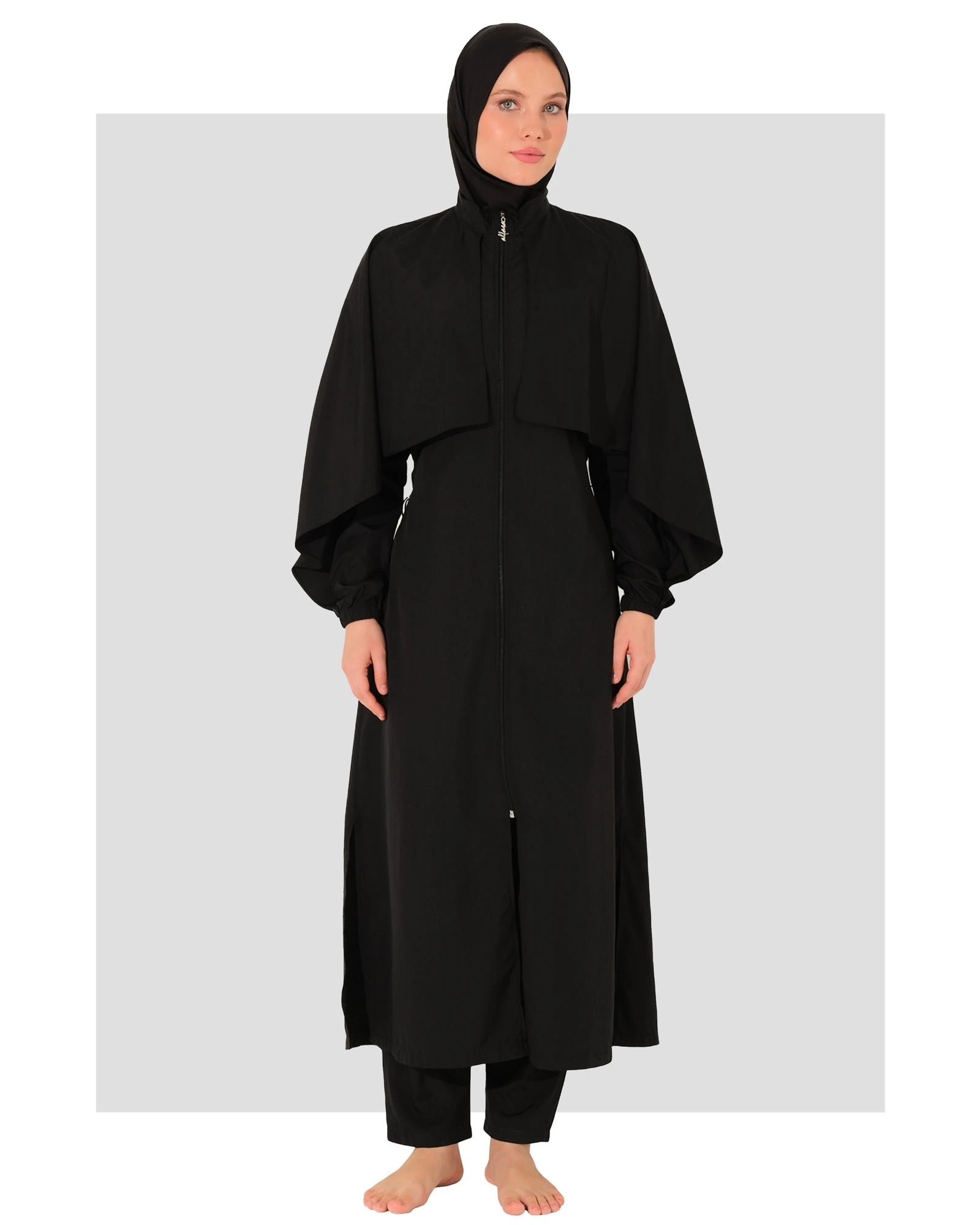Black burkini set front view on a white background.