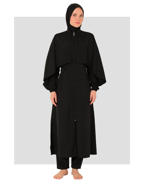 Black burkini set front view on a white background.