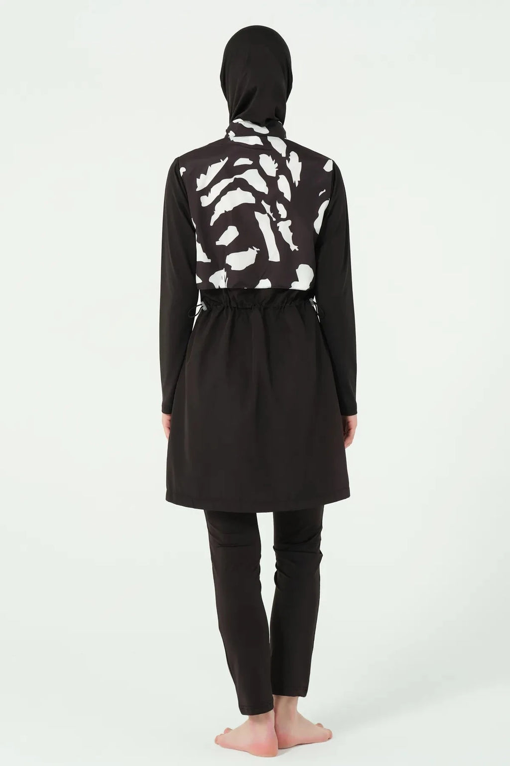 Black and white burkini set back view with drawstring waist