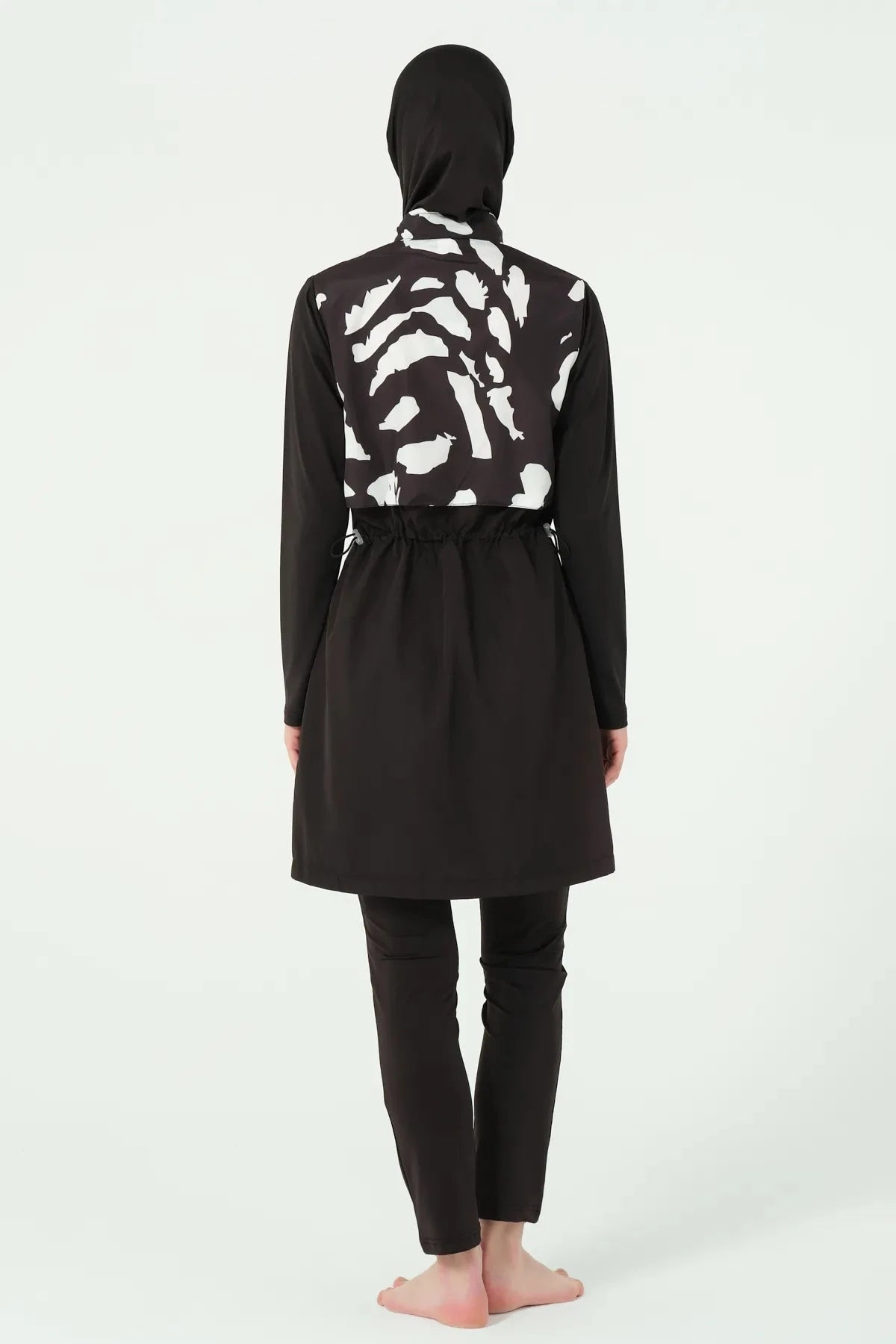 Black and white burkini set back view with drawstring waist