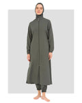 Model wearing olive green full-length burkini with zipper closure front view.