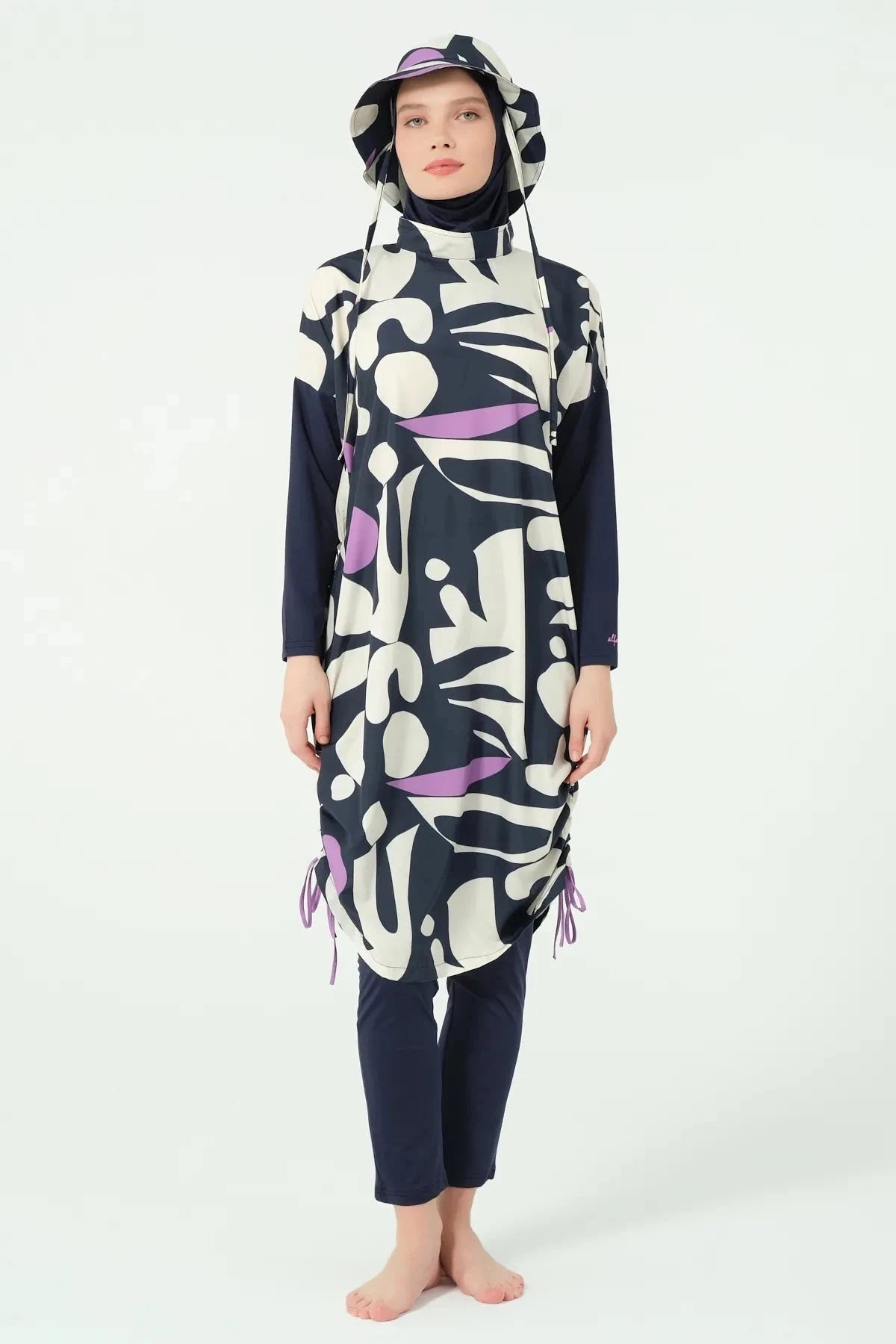 Navy and lilac abstract print burkini set with bucket hat, full view.