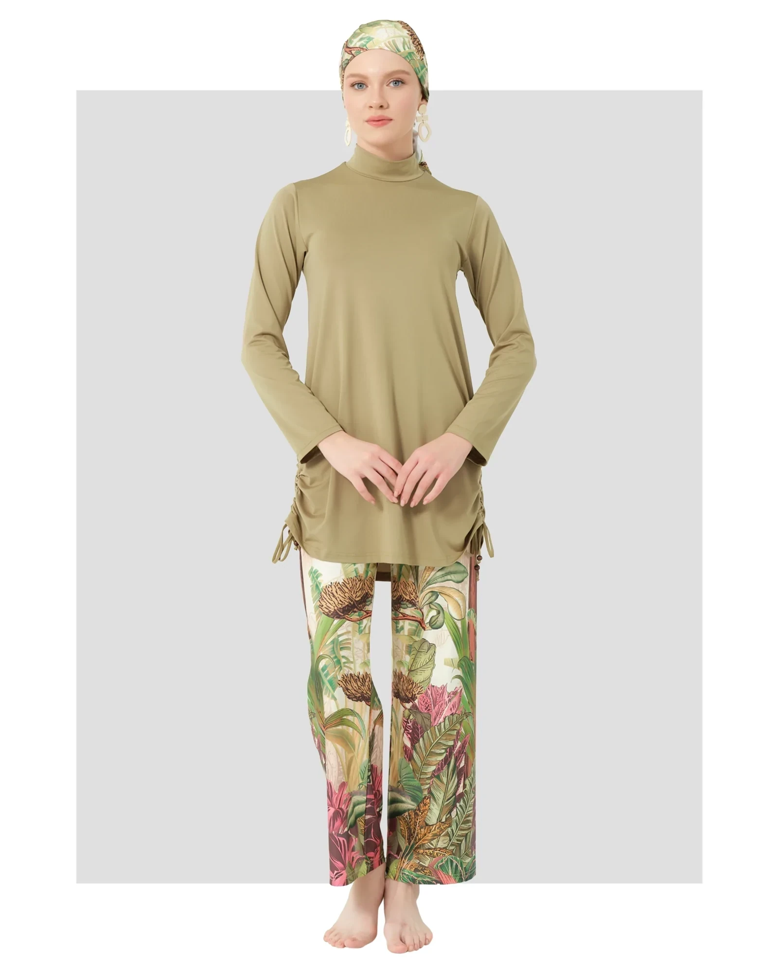 Khaki burkini with botanical print pants and matching head covering, front view.