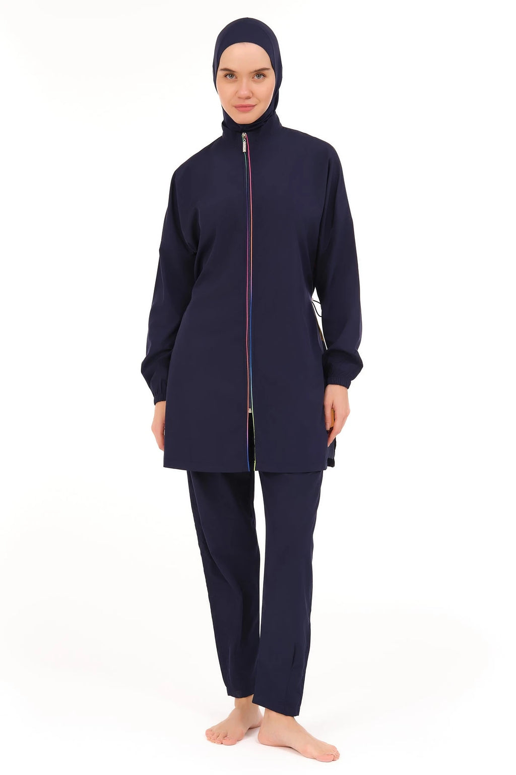 Navy burkini set with full front zipper and matching hijab.
