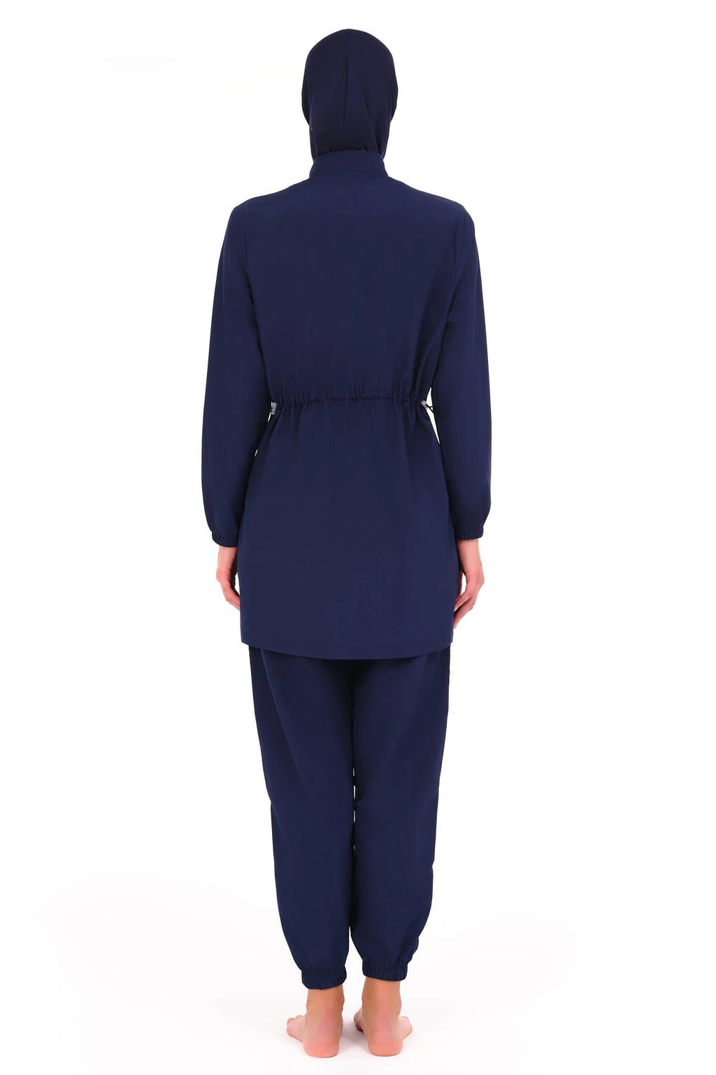 Navy blue burkini set with adjustable waist, back view.