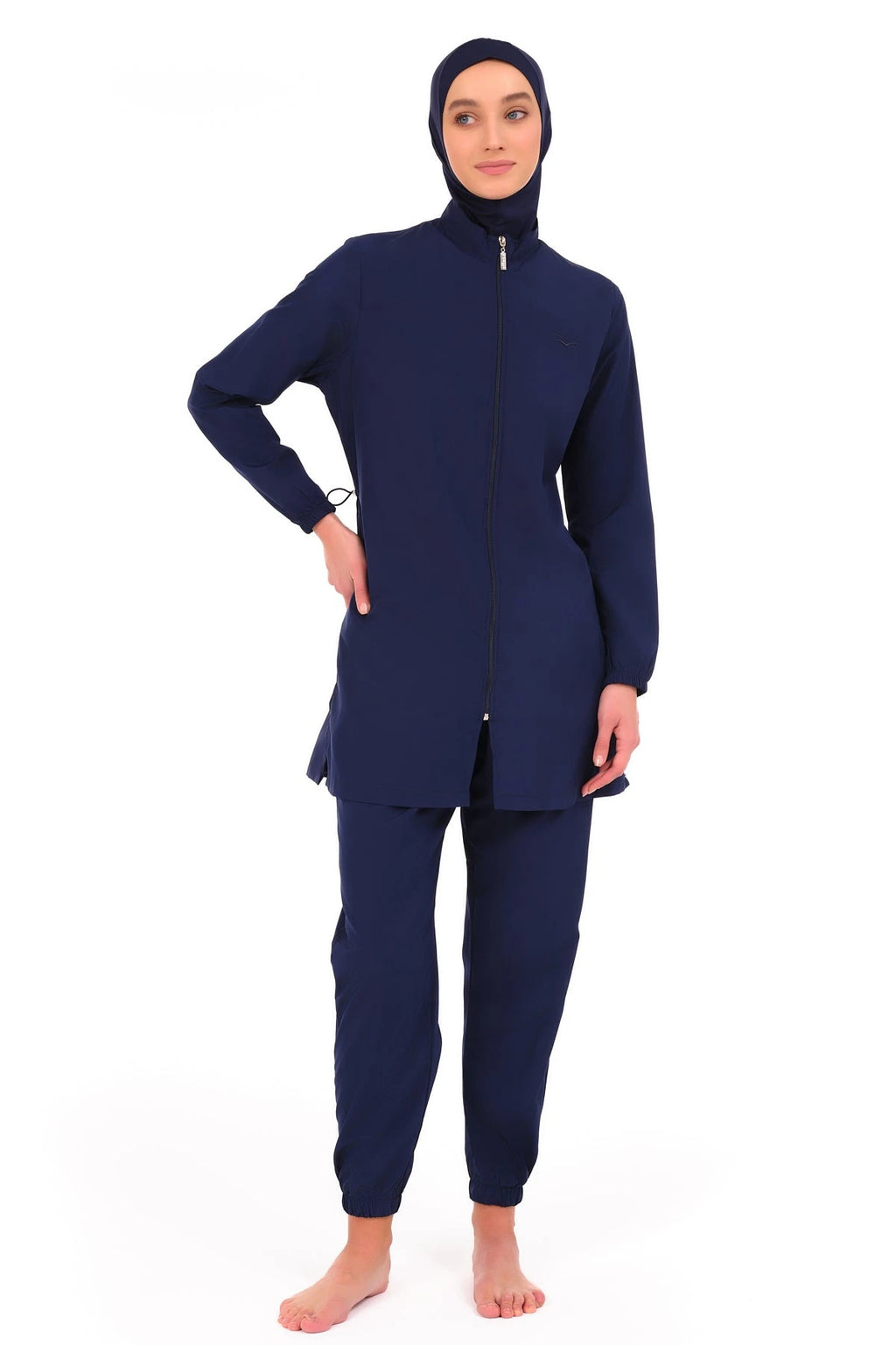 Navy blue burkini jogger-style pants with elasticated cuffs.