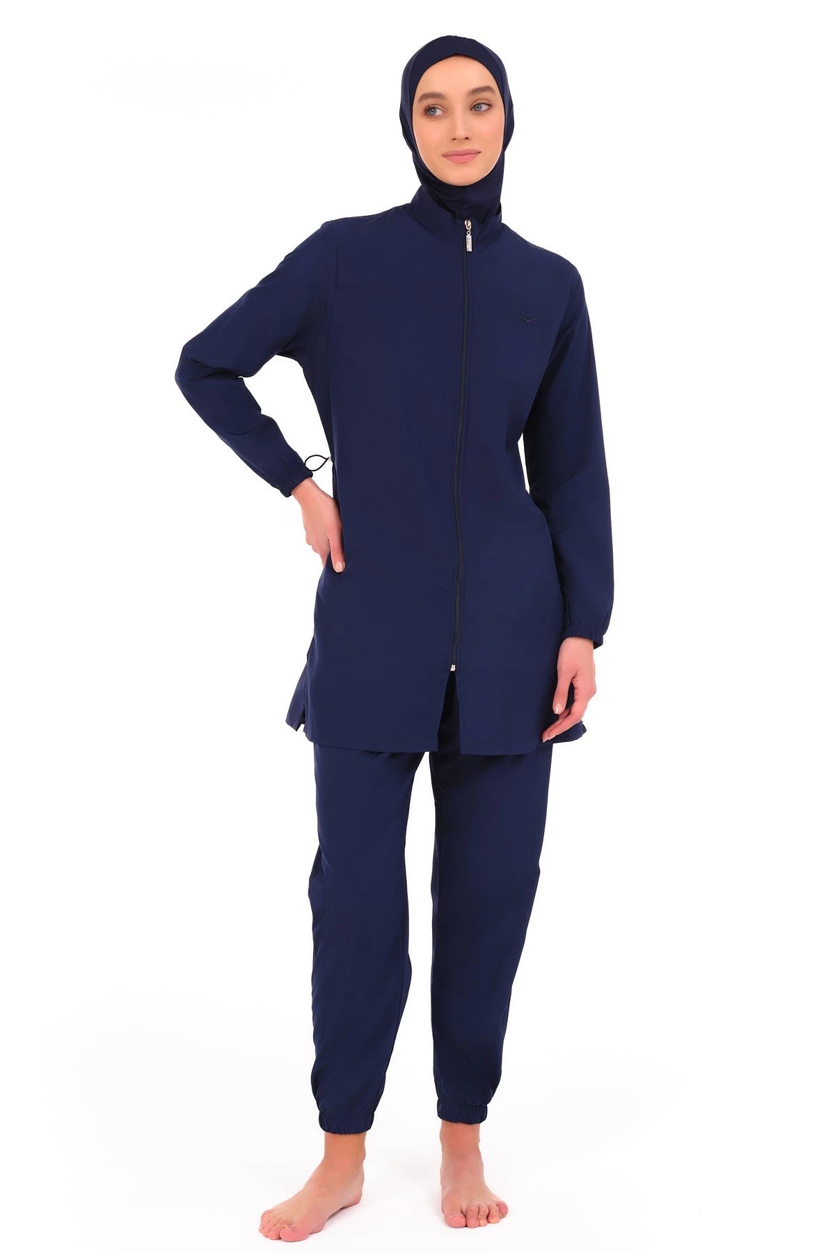 Navy blue burkini jogger-style pants with elasticated cuffs.