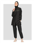 Black burkini set with neon accents, hijab, and jogger pants, front view.