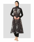 Black burkini with gold and white leaf print, front view.