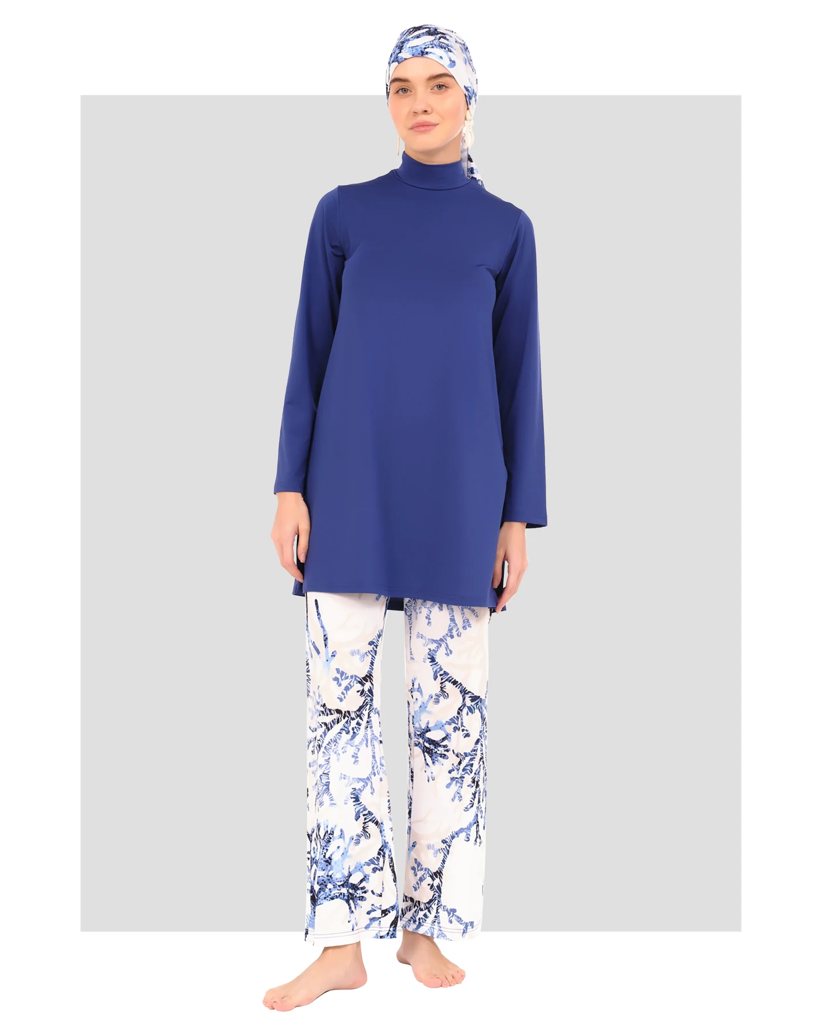Lycra fabric printed burkini set front view on grey background.