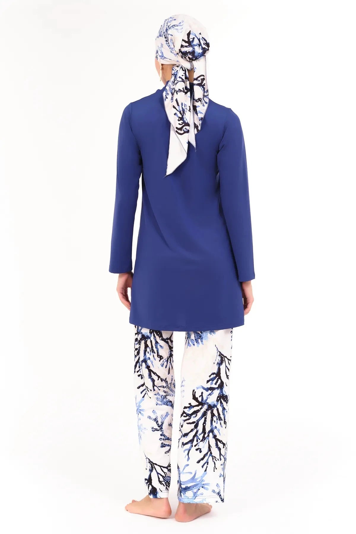 Back view of lycra printed burkini set with matching head covering.