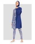 Model in blue and geometric patterned burkini front view.
