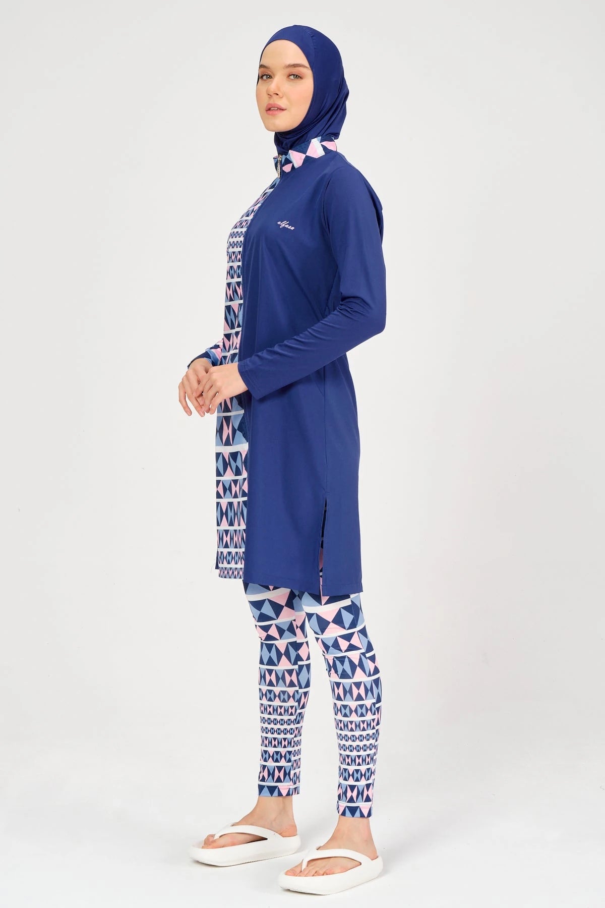 Model in blue and geometric burkini side profile view.