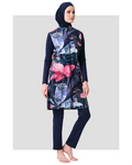 Navy blue burkini with tropical floral print, front zipper, and hijab
