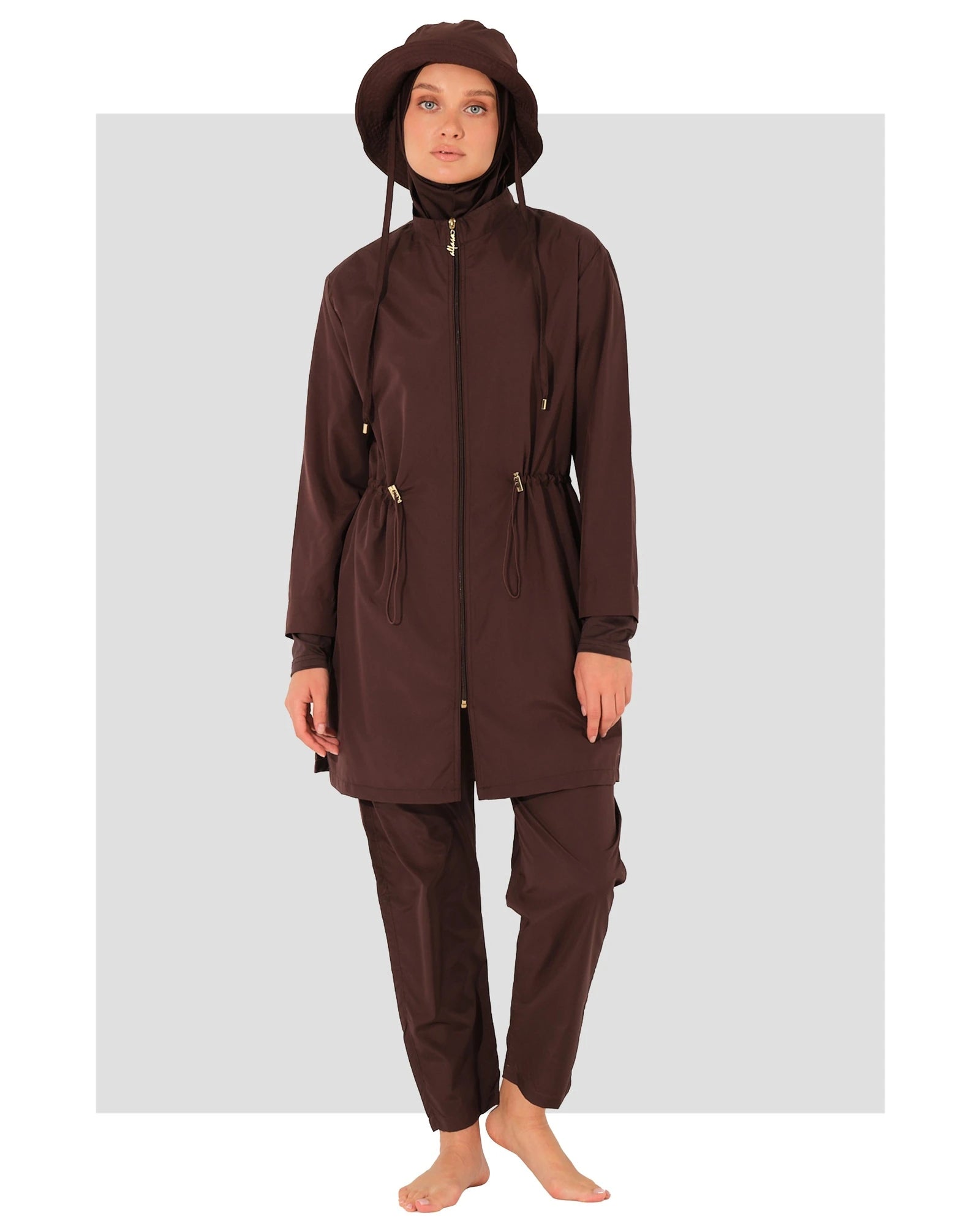 Mocha burkini set with zippered top and bucket hat, front view.
