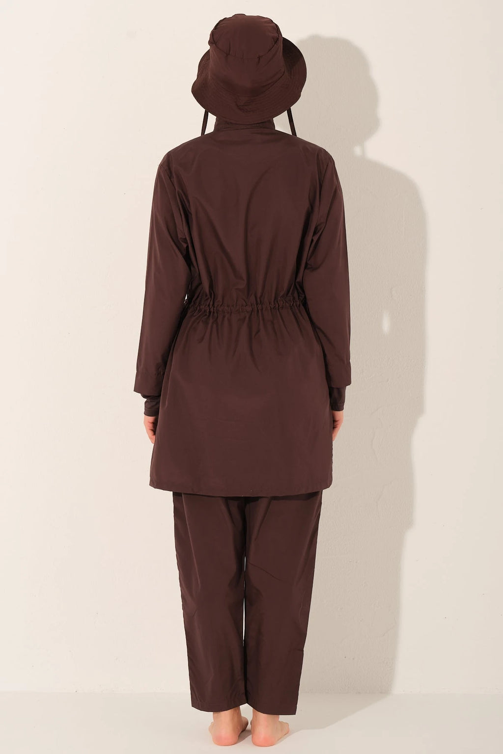 Mocha burkini set with elasticated waist and swim pants, back view.