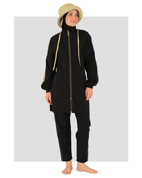 Black burkini set with yellow drawstrings and light bucket hat, front view.