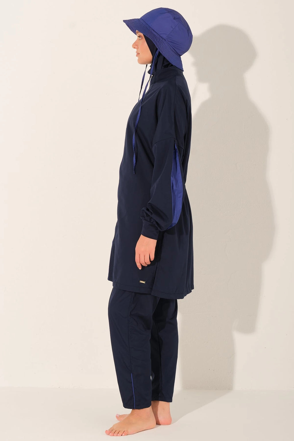 Navy Tide burkini set side view showing full coverage