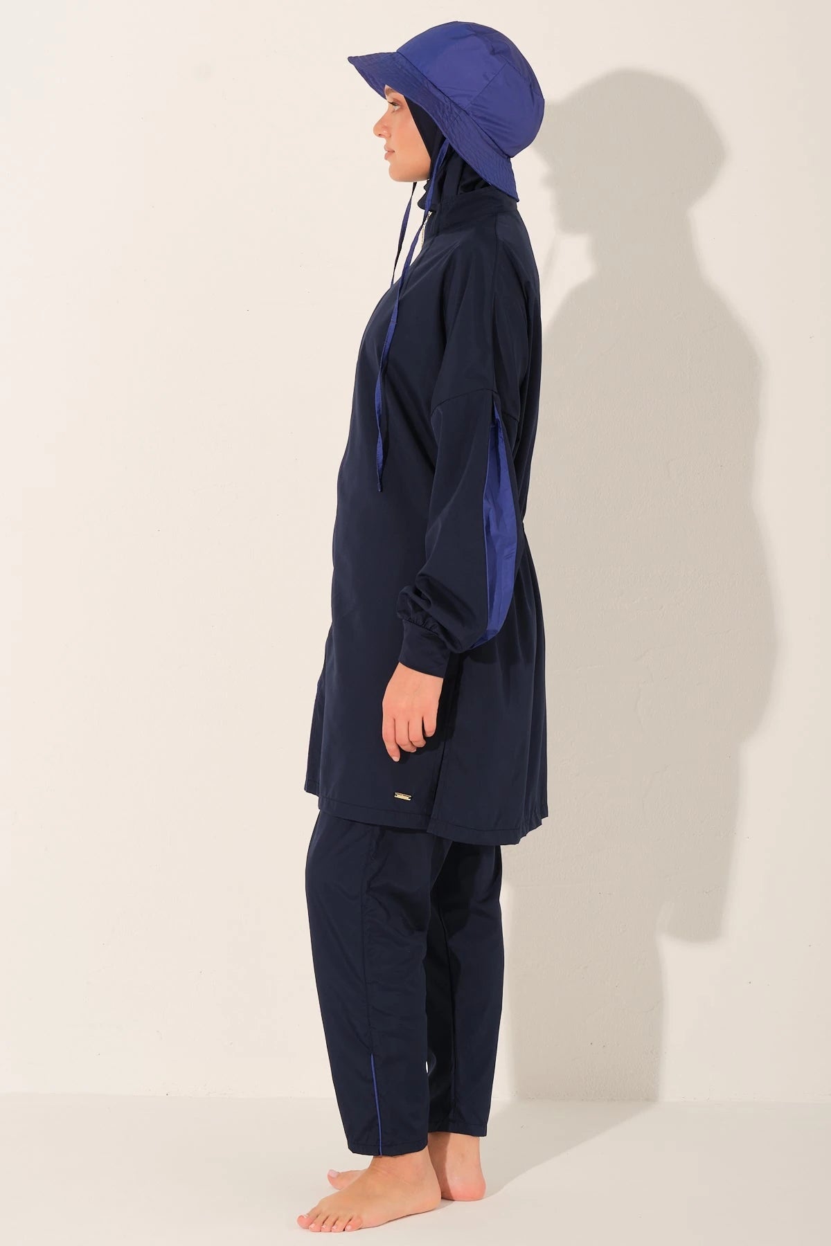 Navy Tide burkini set side view showing full coverage