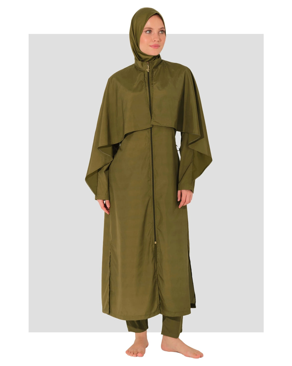 Olive green burkini set with long top and hijab on a model.