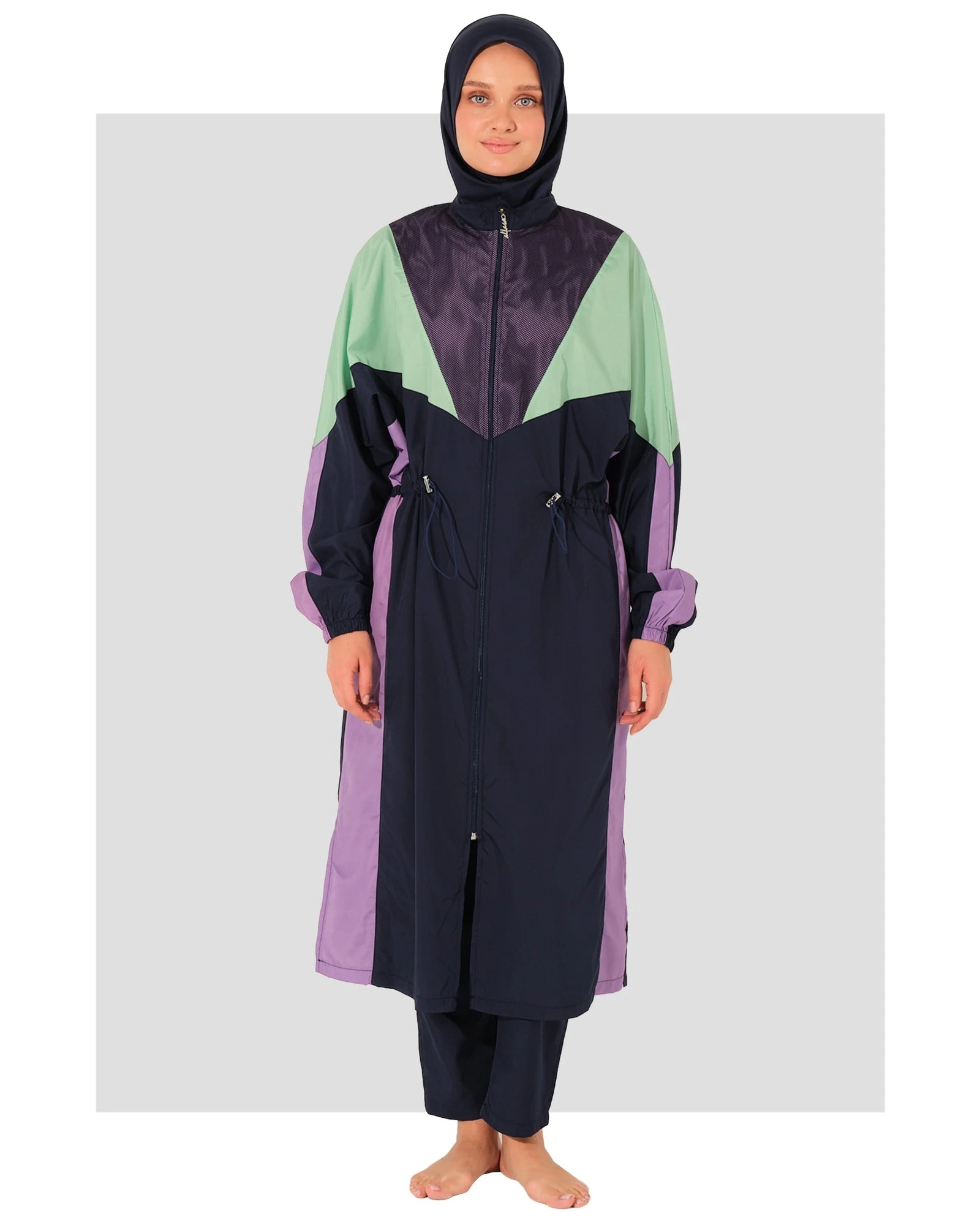 Aurora Pulse multi-color burkini set front view on white background.