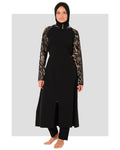 Black burkini set with patterned sleeves and hood, front view.