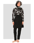 Monochrome burkini set front view on model with patterned top.