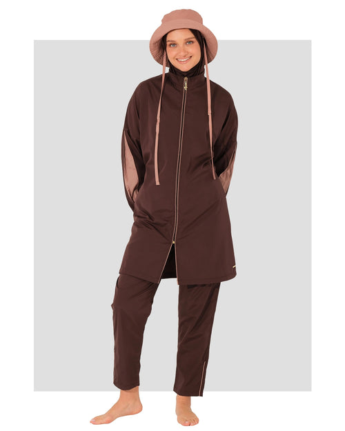 Mocha blush burkini set with matching hat, front view on model.