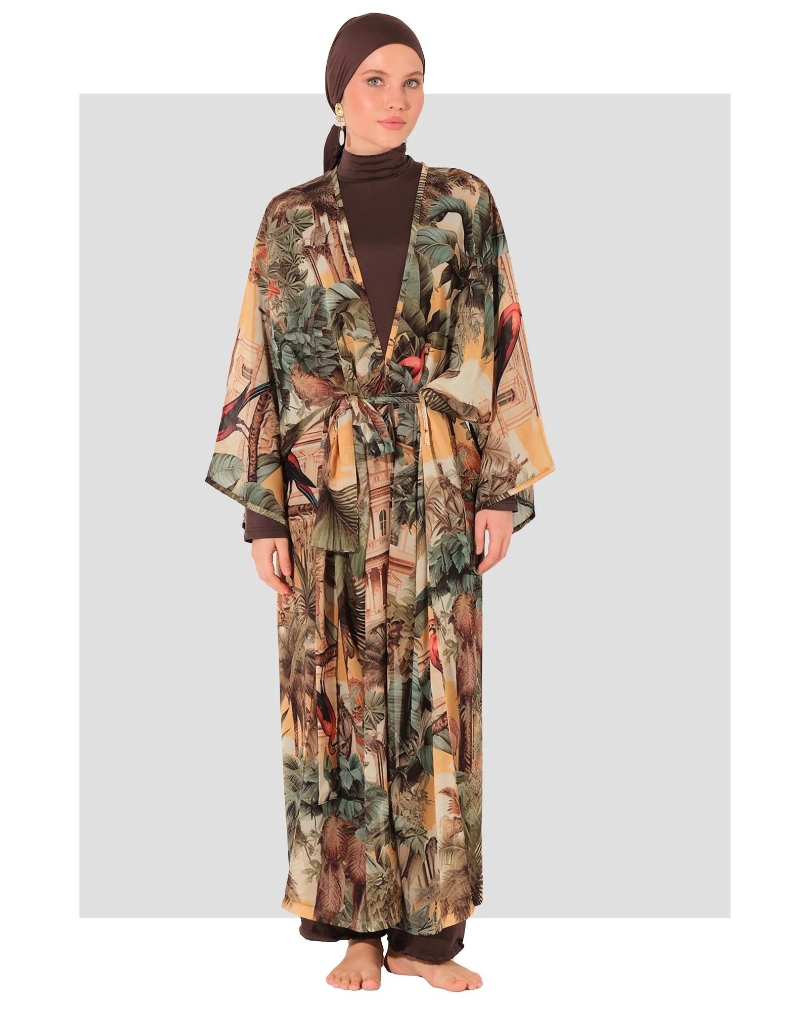 Mocha burkini with tropical print kimono, front view on model.