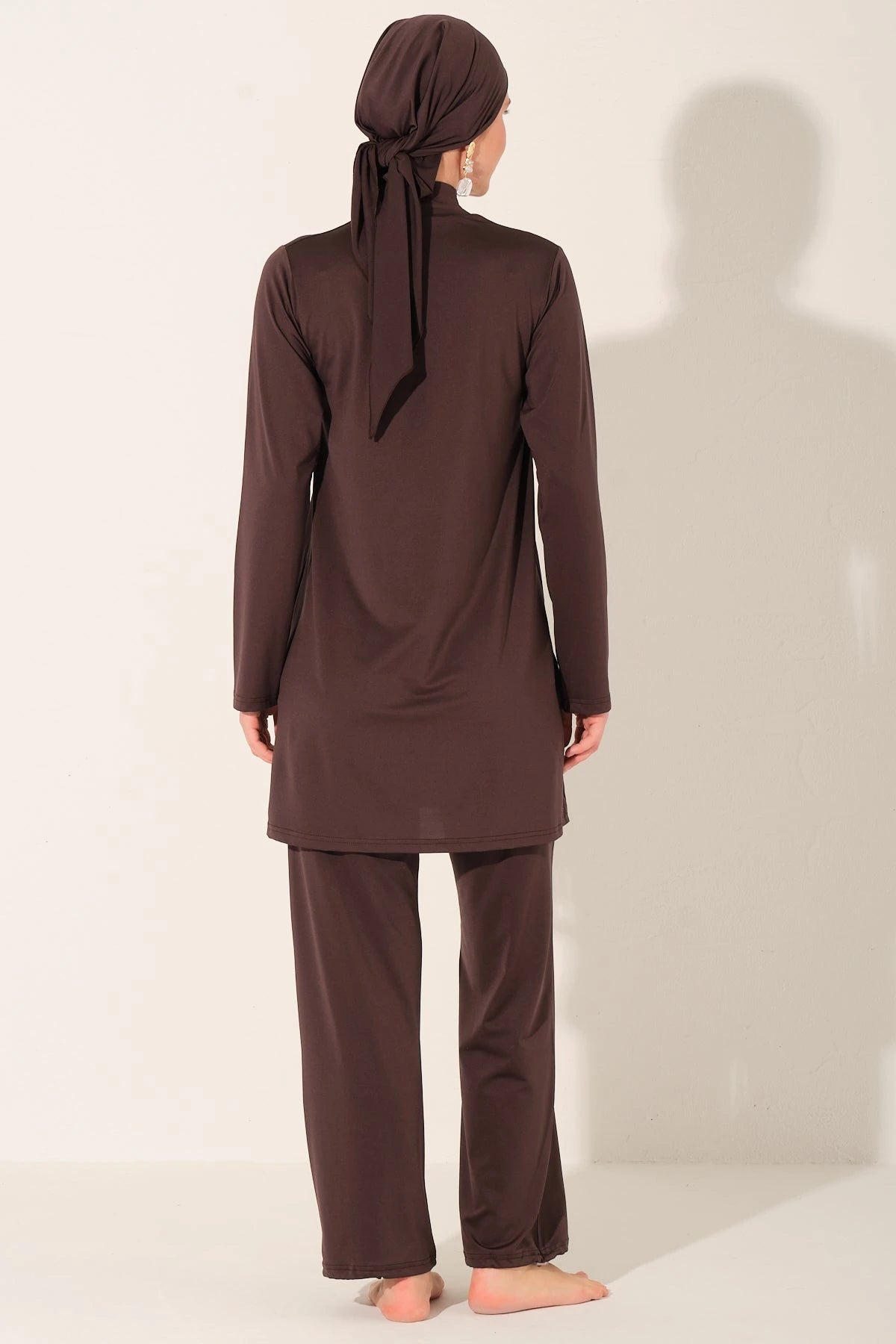 Mocha modest burkini set, back view, showing full coverage.