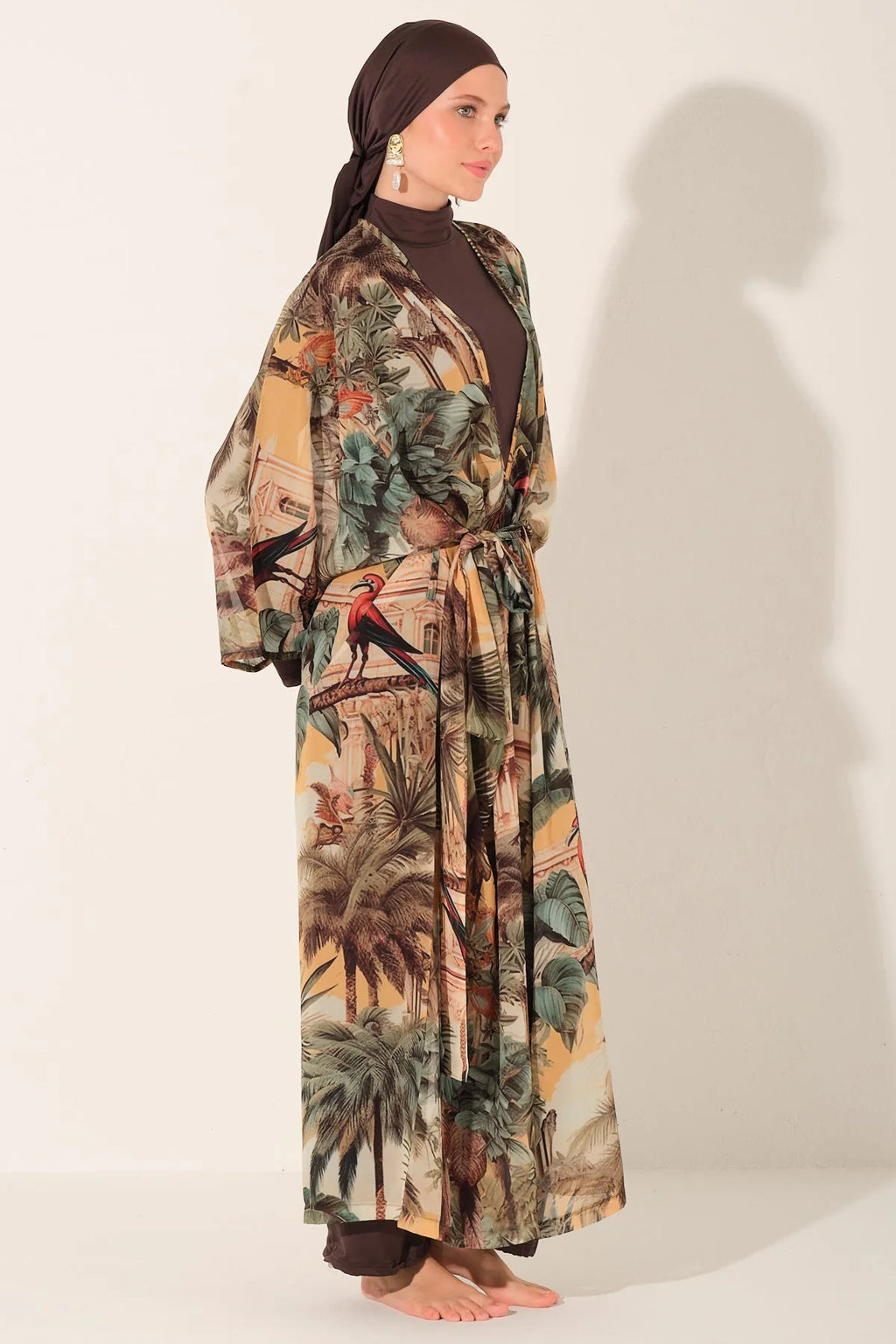 Mocha burkini with tropical print kimono, open side view.