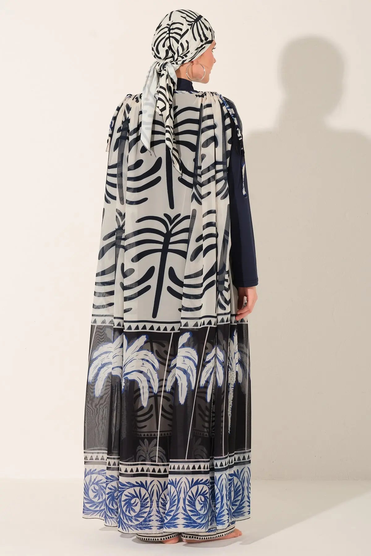 Navy blue burkini set with palm print chiffon kimono back view.