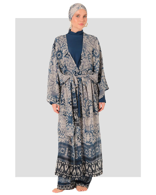 Blue resort burkini set with patterned chiffon kimono front view.