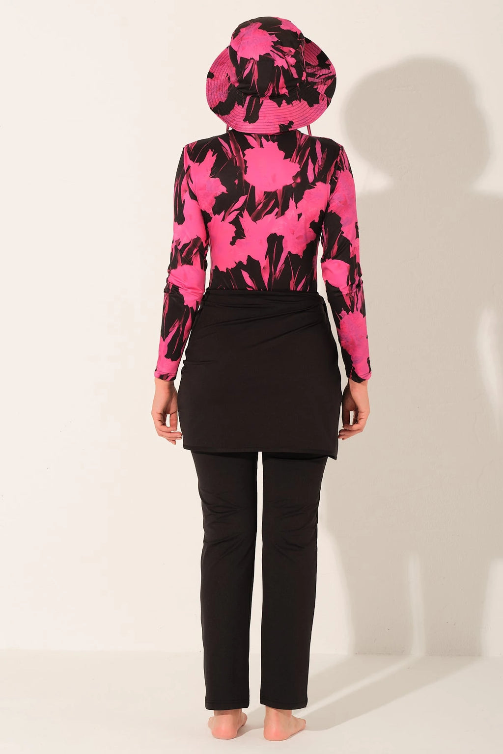 Active floral burkini set back view, full coverage.