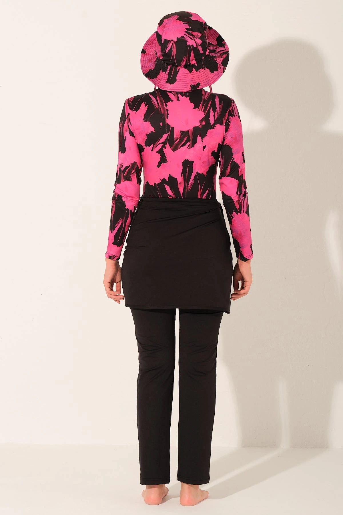 Active floral burkini set back view, full coverage.