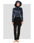 Model wearing midnight bloom burkini set, front view on grey background.