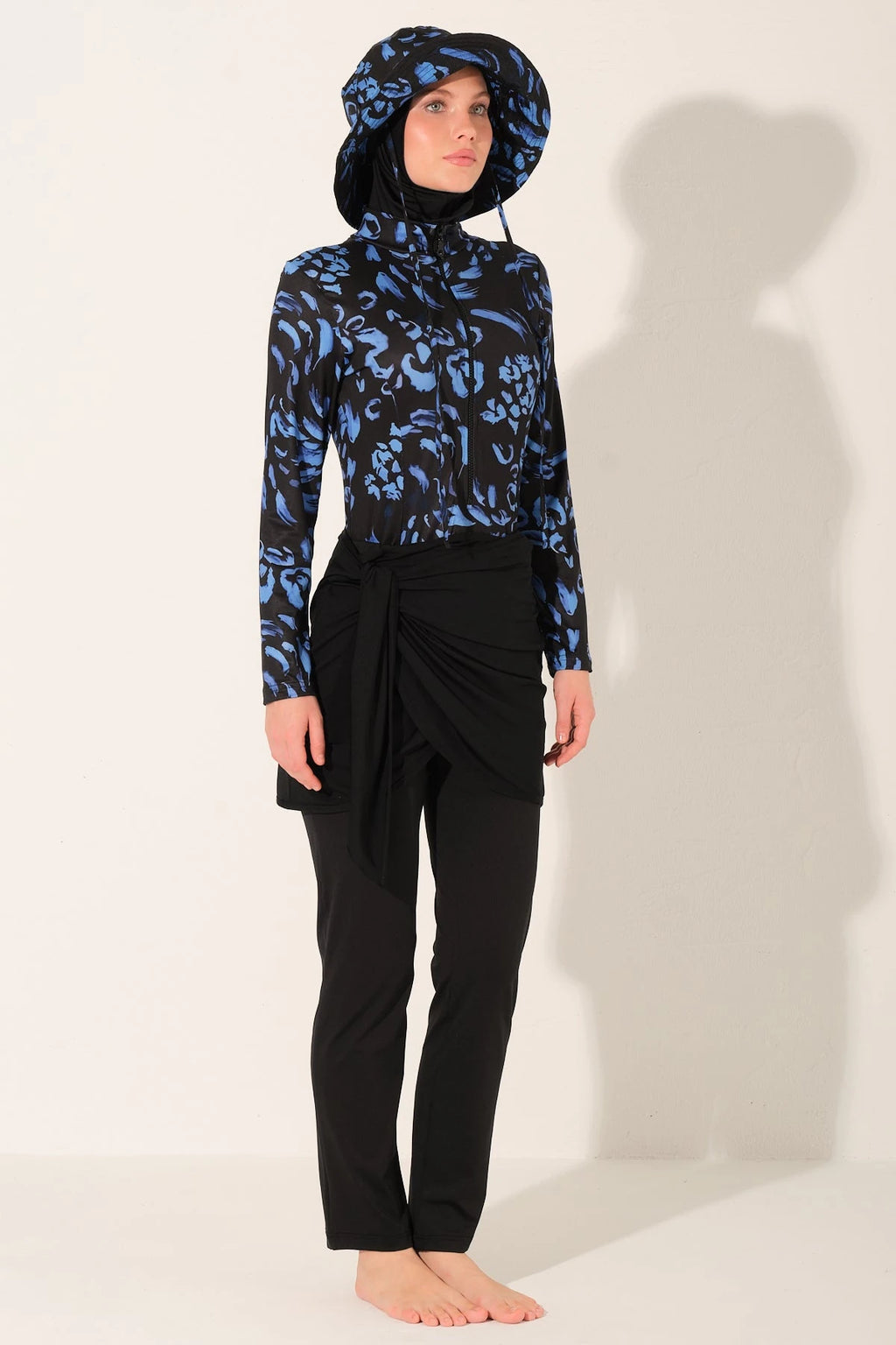 Full coverage midnight bloom burkini set, front view on light background.